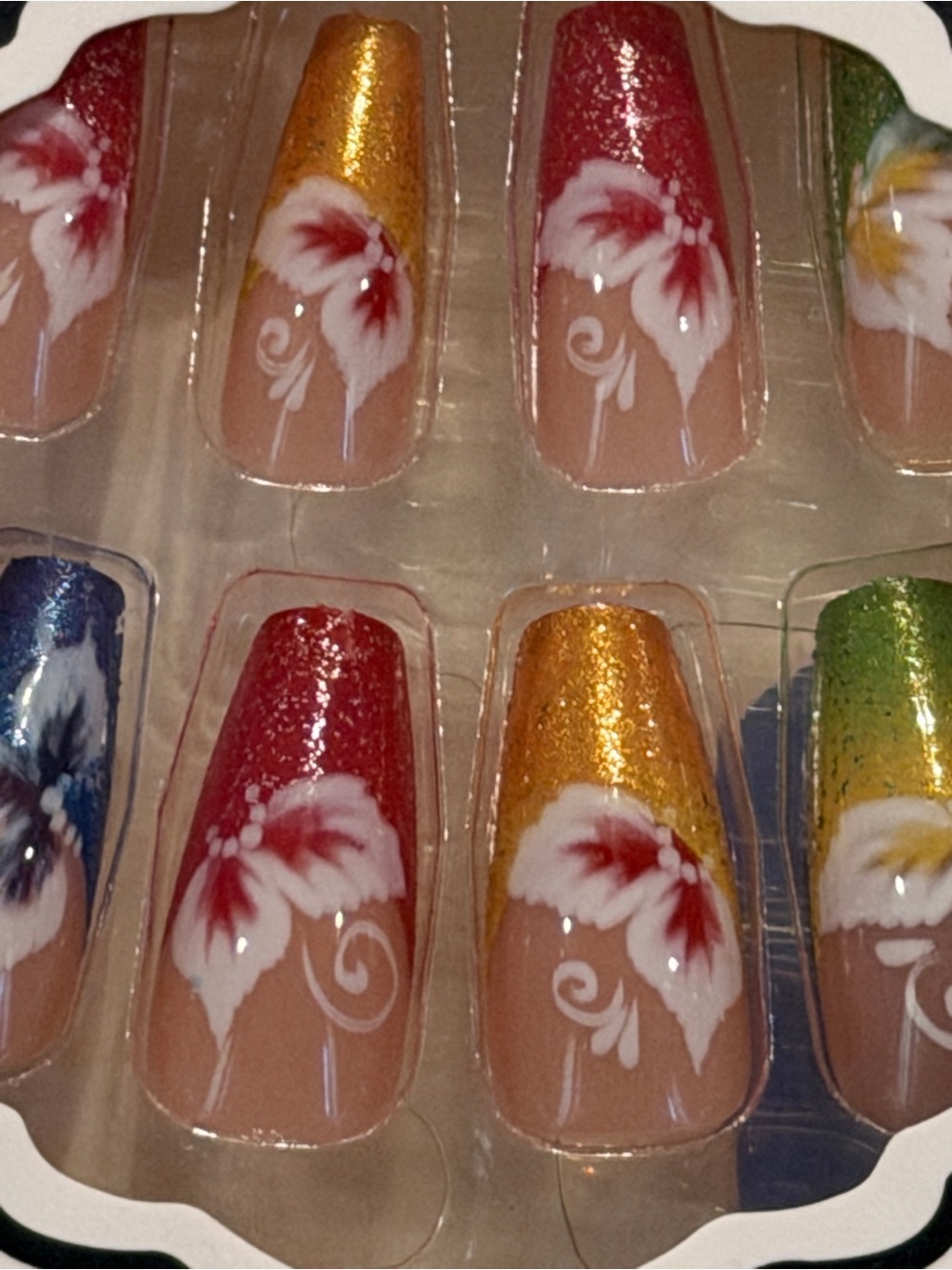 Y2K Tropical Hibiscus Press On Nails Rainbow Glitter Coffin Nails